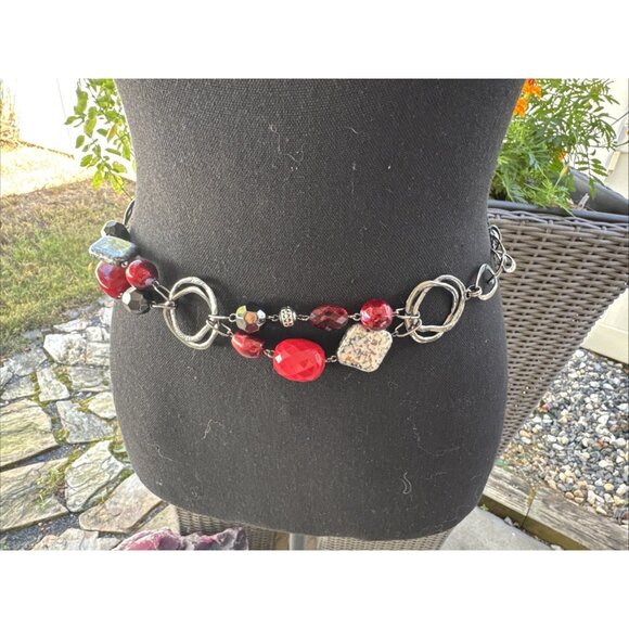 Chicos Belt Silver Tone Long Rope Link Chain Red Bead Faux Stone Adjustable NEW